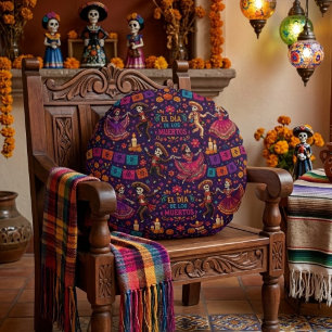 Colourful El Día de los Muertos Dancing Catrinas Round Pillow