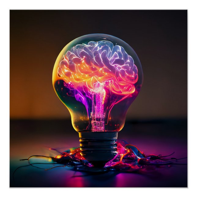 Colourful Electric Brain Light Bulb Poster (Front)