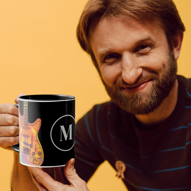 Colourful Electric Guitar Monogram Mug (Colorful electric guitar monogram coffee mug for guitar player musicians black and gray for him )