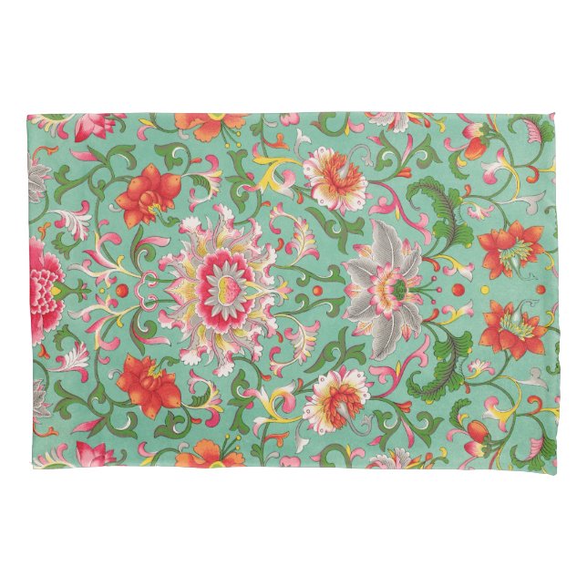 Colourful Elegant Asian Floral Chinoiserie Pattern Pillowcase (Front)