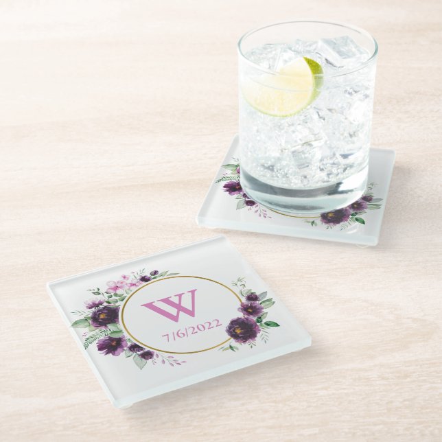 Colourful Elegant Floral Monogram Glass Coaster (Angled)