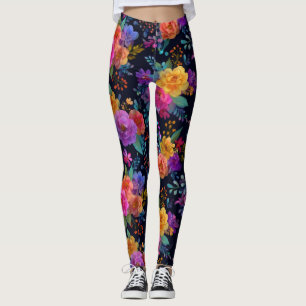 Colourful Elegant Flowers on Black Stylish Floral Leggings