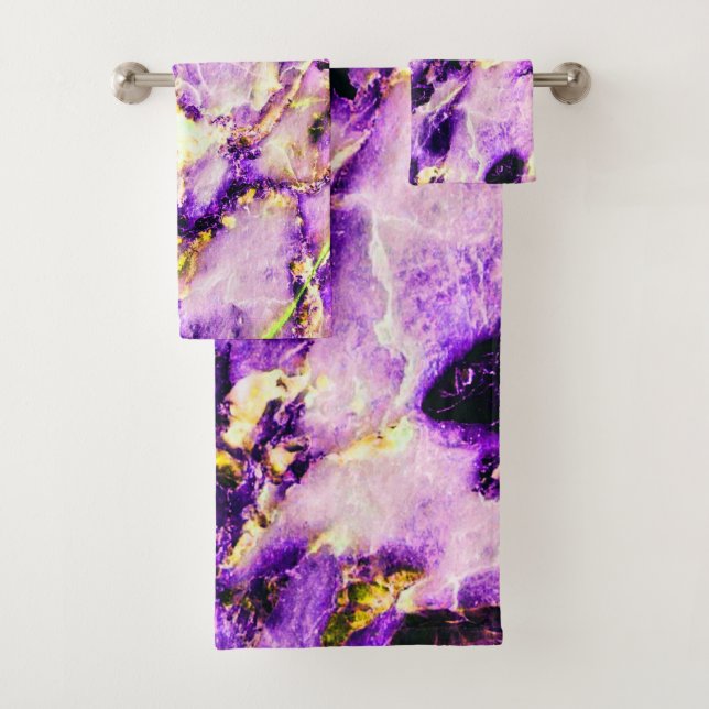 Colourful Elegant Marble Purple Pink and Gold Bath Towel Set (Insitu)