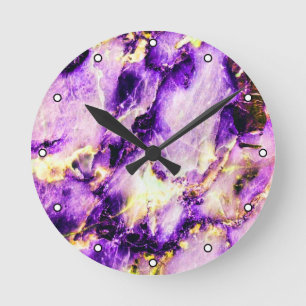 Colourful Elegant Marble Purple Pink and Gold Dots Round Clock