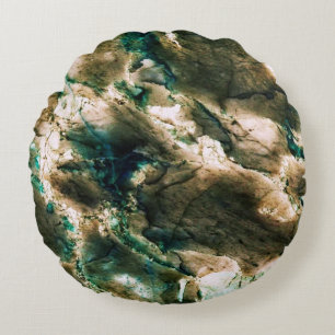 Colourful Elegant Marble Tan Brown and Aqua Round Pillow