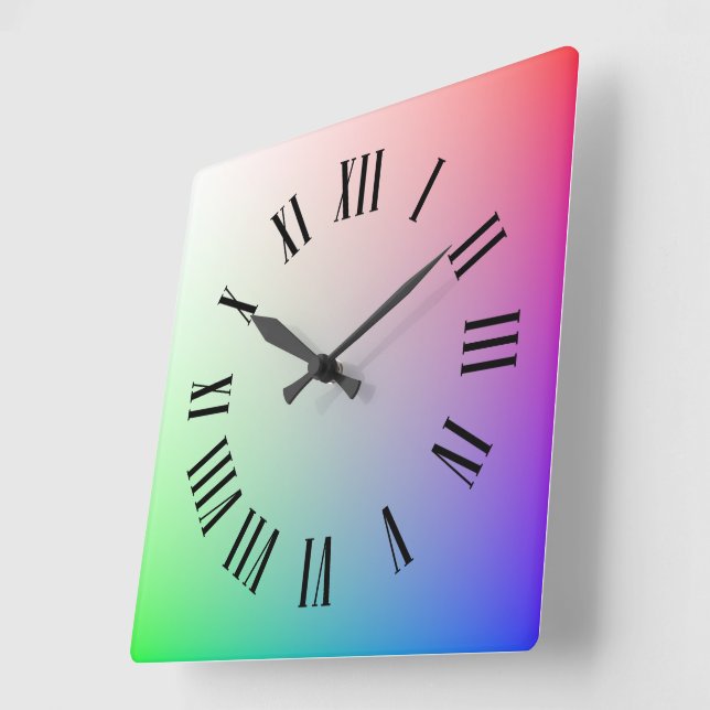 Colourful, Elegant Rainbow and Roman Hour Markers Square Wall Clock (Angle)