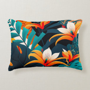 Colourful Elegant Tropical Leaves and Flowers   Accent Pillow