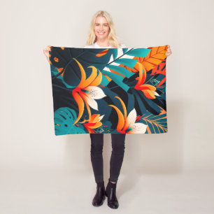 Colourful Elegant Tropical Leaves and Flowers   Fleece Blanket