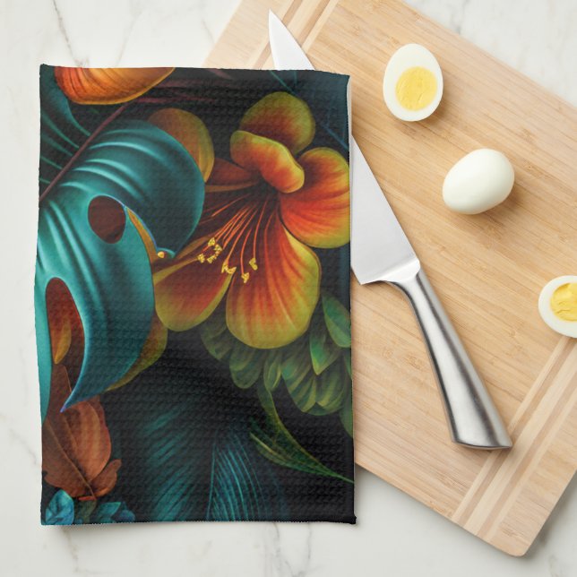 Colourful Elegant Tropical Leaves and Flowers | Kitchen Towel (Quarter Fold)