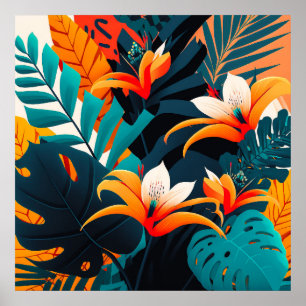 Colourful Elegant Tropical Leaves and Flowers   Poster