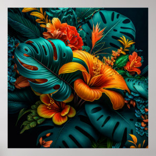 Colourful Elegant Tropical Leaves and Flowers   Poster