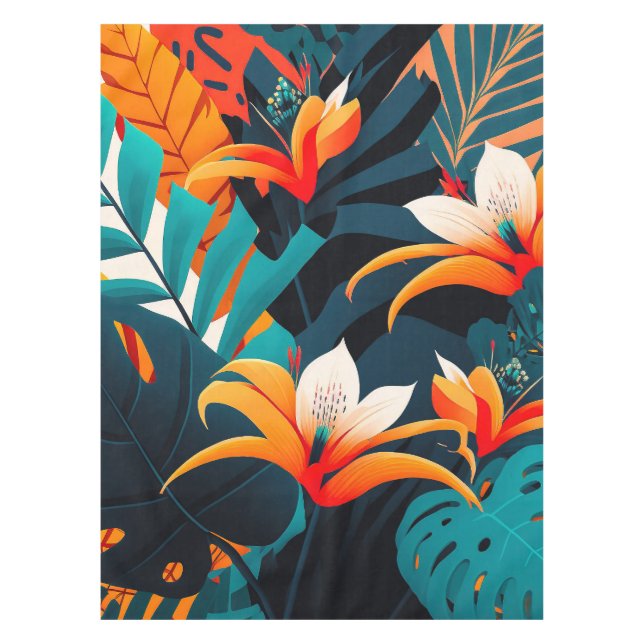 Colourful Elegant Tropical Leaves and Flowers | Tablecloth (Front)