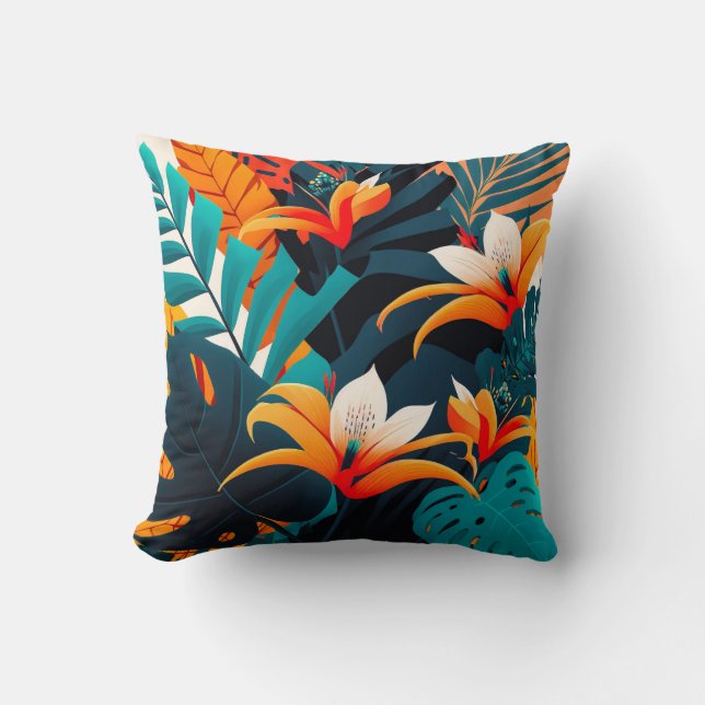 Colourful Elegant Tropical Leaves and Flowers | Throw Pillow (Front)