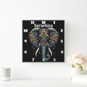 Colourful elephant adorned with intricate patterns square wall clock