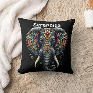 Colourful elephant adorned with intricate patterns throw pillow