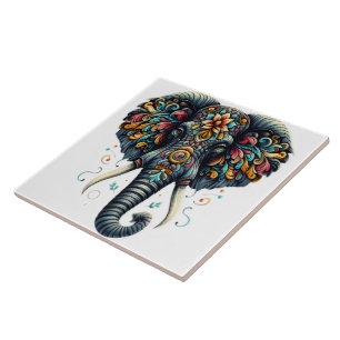 Colourful elephant adorned with intricate patterns tile