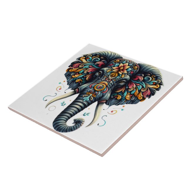 Colourful elephant adorned with intricate patterns tile (Side)