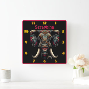 Colourful elephant art with detailed patterns square wall clock