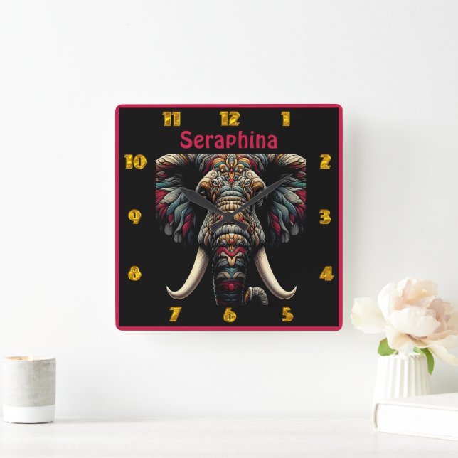 Colourful elephant art with detailed patterns square wall clock (Home)
