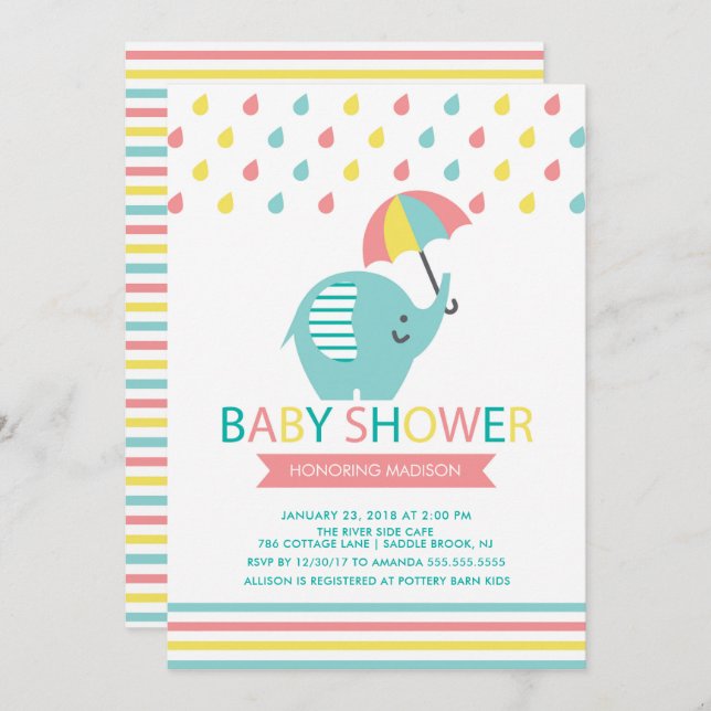 Colourful Elephant Baby Shower Invitation (Front/Back)