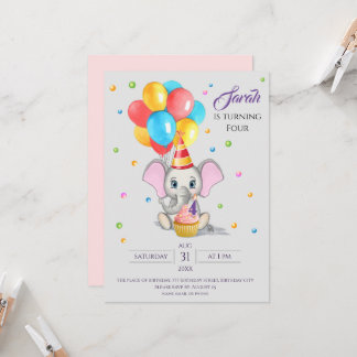 Colourful Elephant Cartoon Kids Birthday Invitatio Invitation
