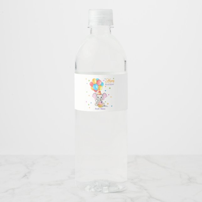 Colourful Elephant Cartoon Kids Birthday Water Bot Water Bottle Label (Front)
