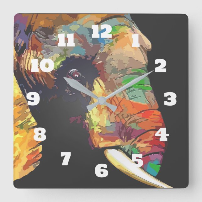 Colourful Elephant Head Portrait Drawing Square Wall Clock (Front)