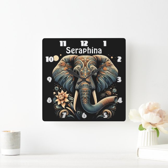 Colourful elephant with floral designs square wall clock (Home)