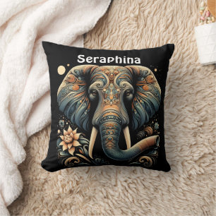 Colourful elephant with floral designs throw pillow