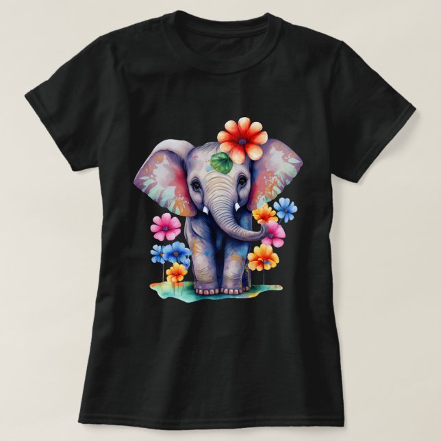 Colourful Elephant with Flowers T-Shirt (Design Front)