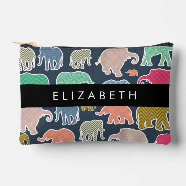 Colourful Elephants, Elephant Pattern, Your Name Accessory Pouch (Front)