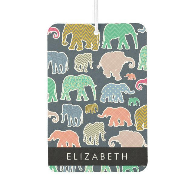 Colourful Elephants, Elephant Pattern, Your Name Air Freshener (Front)
