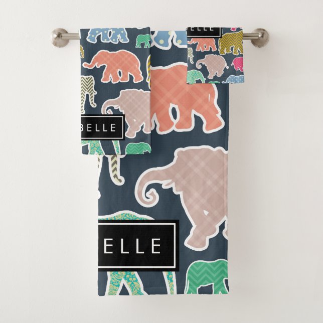 Colourful Elephants, Elephant Pattern, Your Name Bath Towel Set (Insitu)