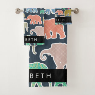 Colourful Elephants, Elephant Pattern, Your Name Bath Towel Set