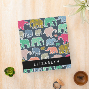 Colourful Elephants, Elephant Pattern, Your Name Binder