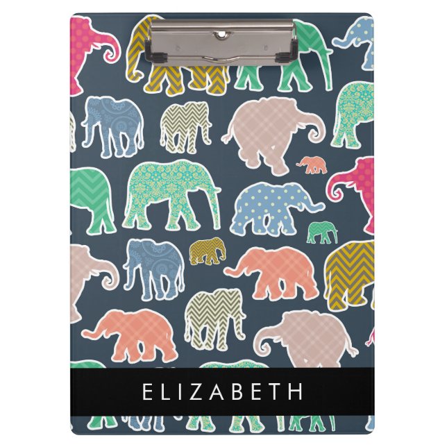 Colourful Elephants, Elephant Pattern, Your Name Clipboard (Front)