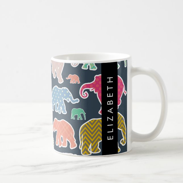 Colourful Elephants, Elephant Pattern, Your Name Coffee Mug (Right)