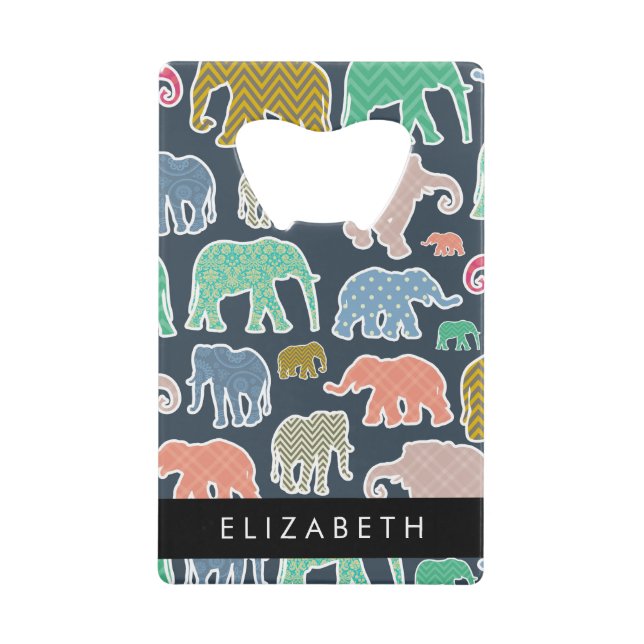Colourful Elephants, Elephant Pattern, Your Name Credit Card Bottle Opener (Front)