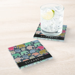 Colourful Elephants, Elephant Pattern, Your Name Glass Coaster