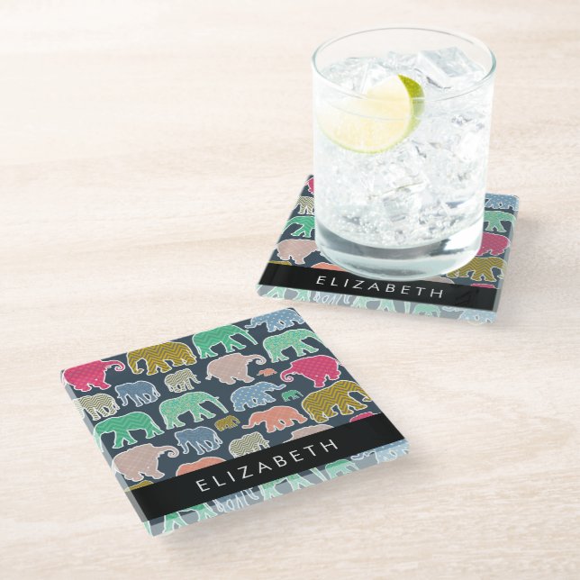 Colourful Elephants, Elephant Pattern, Your Name Glass Coaster (Angled)