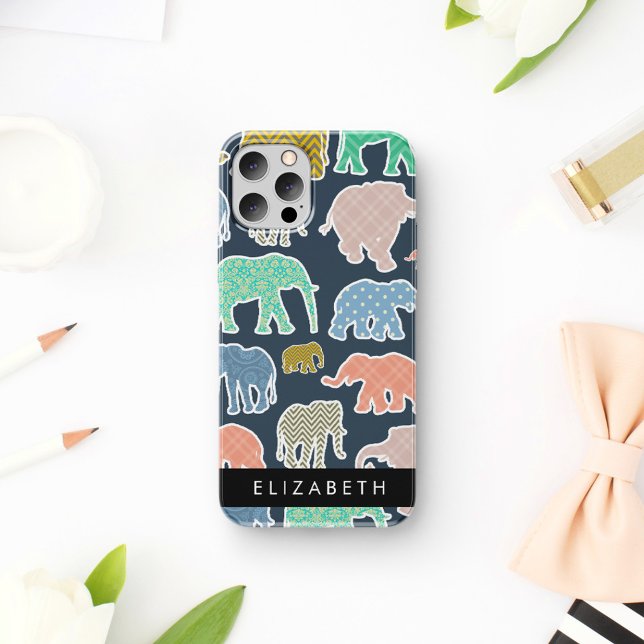 Colourful Elephants, Elephant Pattern, Your Name iPhone 16 Case (Creator Uploaded)