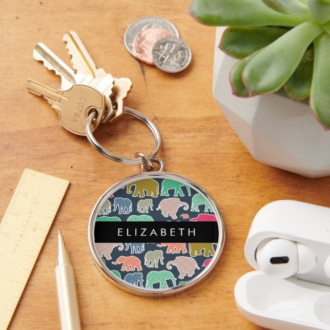 Colourful Elephants, Elephant Pattern, Your Name Keychain (Desk)
