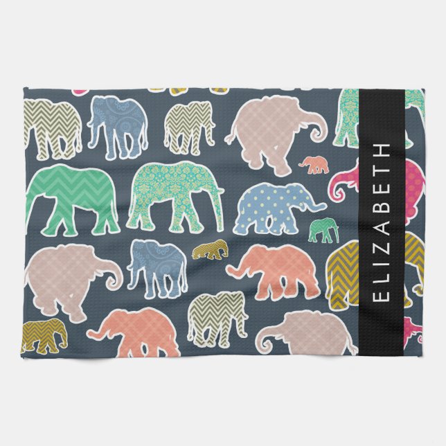 Colourful Elephants, Elephant Pattern, Your Name Kitchen Towel (Horizontal)