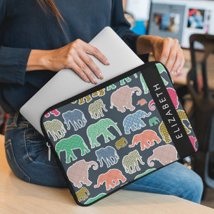 Colourful Elephants, Elephant Pattern, Your Name Laptop Sleeve
