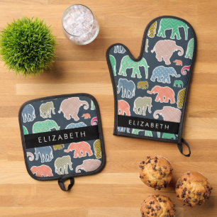 Colourful Elephants, Elephant Pattern, Your Name Oven Mitt & Pot Holder Set