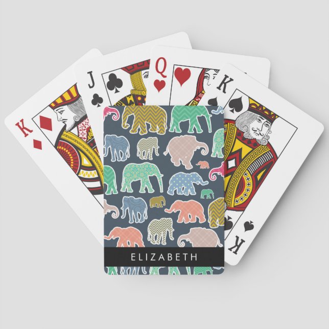 Colourful Elephants, Elephant Pattern, Your Name Playing Cards (Back)