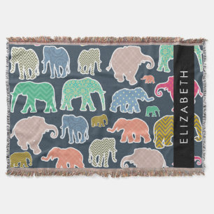 Colourful Elephants, Elephant Pattern, Your Name Throw Blanket