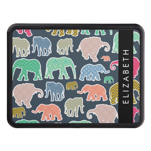 Colourful Elephants, Elephant Pattern, Your Name Trailer Hitch Cover (Front)