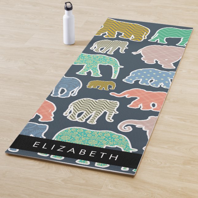 Colourful Elephants, Elephant Pattern, Your Name Yoga Mat (In Situ)