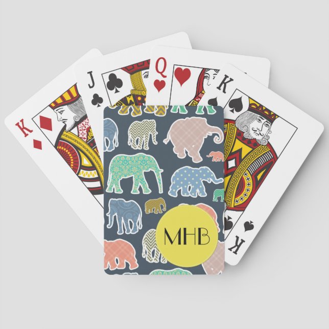 Colourful Elephants, Pattern Of Elephants, Monogra Playing Cards (Back)
